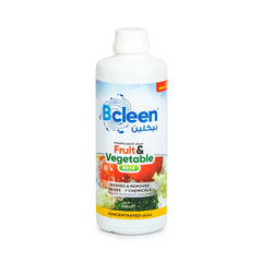 A bottle of Bcleen Concentrated Fruit & Vegetable Wash with a label showing produce and text, against a white background.