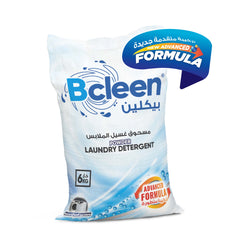 A pack of Bcleen brand laundry detergent powder, 6kg in weight, with a label that indicates it is a 'Powerful Laundry Detergent' and has an advanced formula.