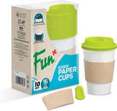 Fun HD Paper Cups with Sleeves and Olive Lid - 16oz Pack of 10