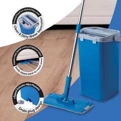 Bcleen Blue Scraping Flat Mop 31.5x12cm with 4 section stainless Steel Handle 118cm and Bucket 38x18x18cm (1 piece)