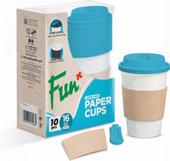 Fun HD Paper Cups with Sleeves Turquoise Lid - 16oz Pack of 10