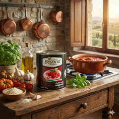 Culinary scene with a can of Beyond Kitchen pasta sauce on a wooden table, surrounded by cooking ingredients and a scenic window.