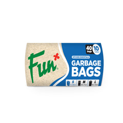 Packaging of Fun Biodegradable White Garbage Bags showing the roll of bags with brand logo and product information.