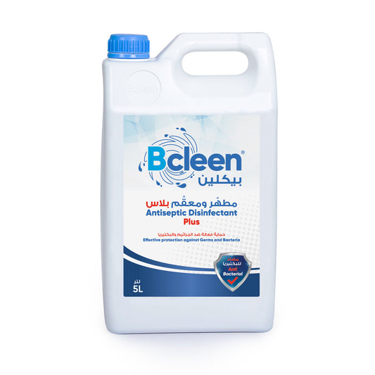 A 5-liter bottle of Bcleen Antiseptic Disinfectant Plus with a blue cap. The label is white with blue and red text, and it is indicated for antiseptic disinfection.
