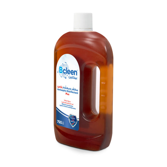 A 750ml bottle of Bcleen Antiseptic Disinfectant Plus with a white cap, predominantly white label with blue and red text, and a blue and red logo.