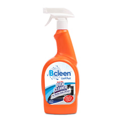 A spray bottle of Bcleen Oven Cleaner, orange in color, with product information and branding visible.