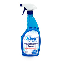A blue bottle of Bcleen Glass Cleaner with a white spray nozzle. The label includes white and white text and a graphic indicating that the product is for 'Glass & Mirrors'.