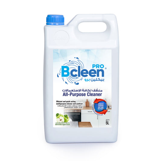 A 5-liter bottle of Bcleen All-Purpose Cleaner with green apple scent, predominantly white with blue and green label design.