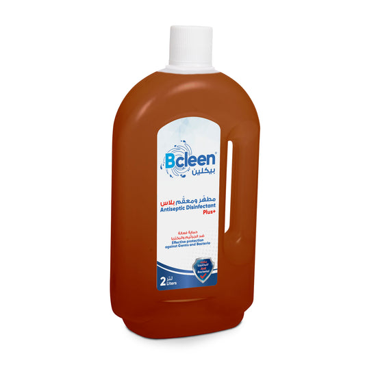 A bottle of Bcleen Antiseptic Disinfectant Plus with a white cap, brown liquid, and label in blue and white colors