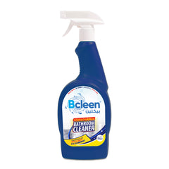 A blue spray bottle labeled Bcleen Bathroom Cleaner with a white spray nozzle.
