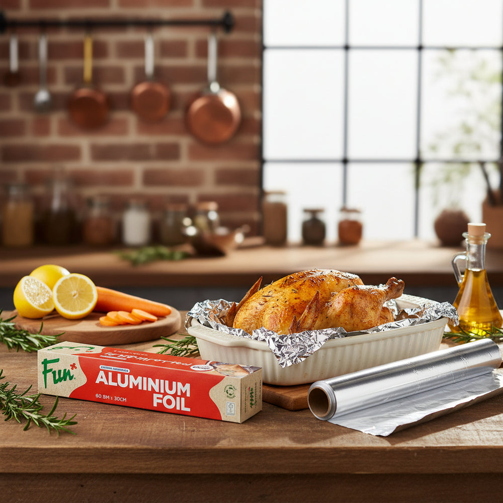Packaging and roll of Fun brand aluminium foil, with product information and branding visible.
