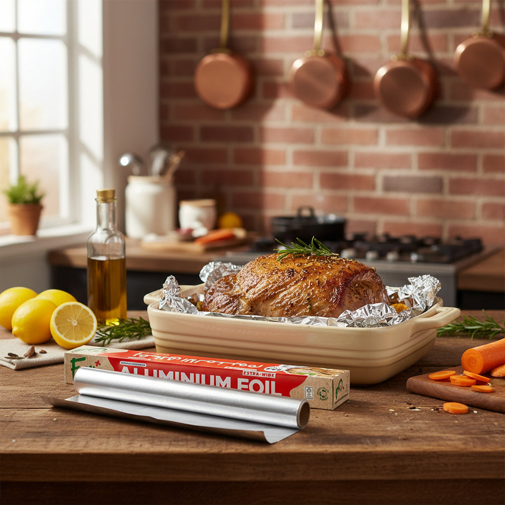 A roll of aluminum foil next to its packaging box with the brand name Fun visible on the box.