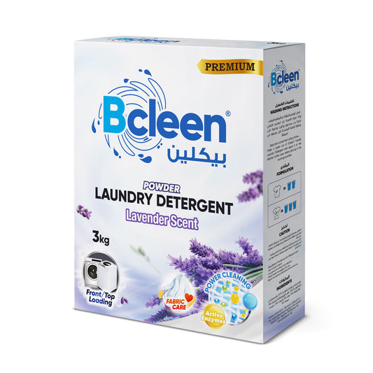 A box of Bcleen brand powder laundry detergent with Lavender Scent. The packaging is predominantly white with purple and blue accents, and it indicates a 3kg weight for the contents.