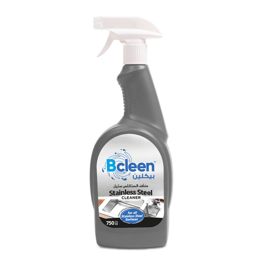 A spray bottle labeled Bcleen Stainless Steel Cleaner, designed for cleaning stainless steel surfaces.