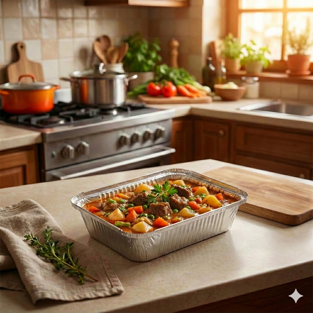 Aluminum tray with a meal on a kitchen counter, with an oven and ingredients in the background.