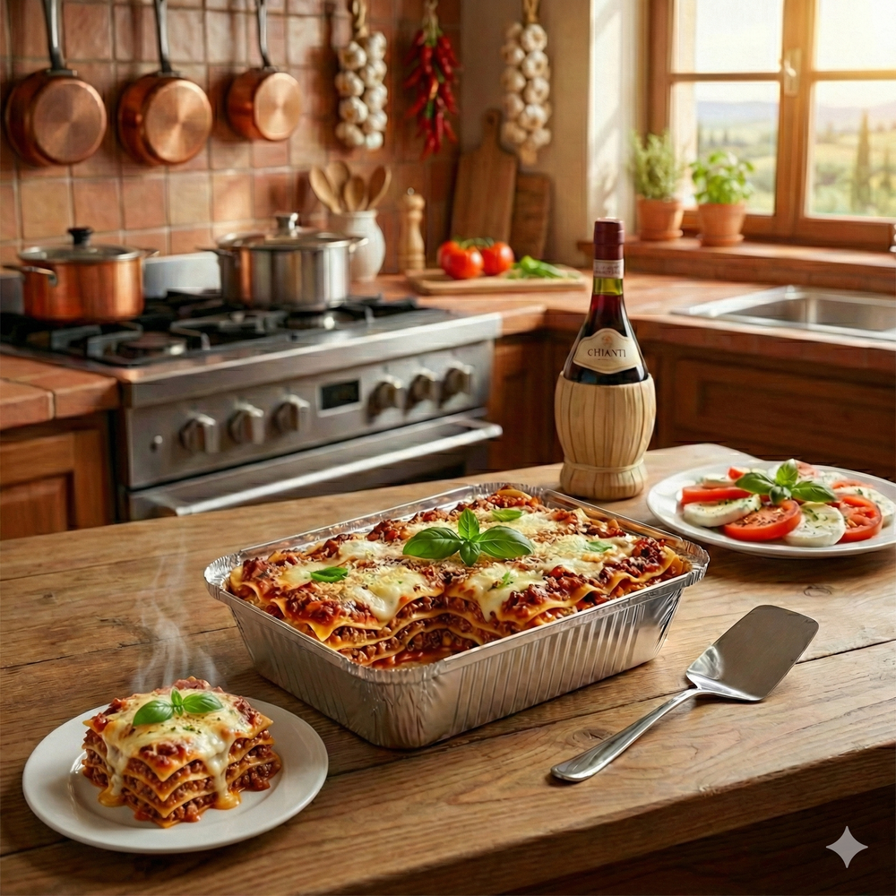 Home kitchen with a pan of lasagna, plates of food, and a bottle of wine.