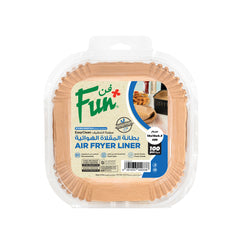 Packaging of Fun brand square air fryer brown paper liners. The package contains 100 pieces of paper liners designed for use in air fryers.