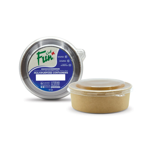 A pack of Fun brand kraft paper multipurpose containers with clear lids, showing one container with a lid on and one with a lid off to reveal the kraft paper interior.