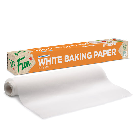 A roll of white silicon-coated baking paper with the brand 'Fun' displayed on the packaging.