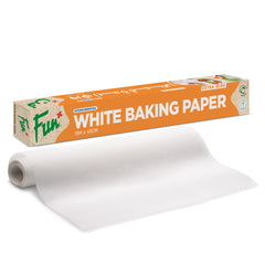 A roll of white silicon-coated baking paper with the brand 'Fun' displayed on the packaging.