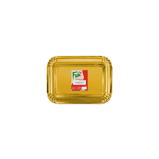 A golden rectangular paper tray with a packaging label in the upper right corner.