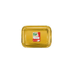 A golden rectangular paper tray with a packaging label in the upper right corner.