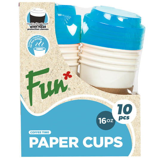 Fun HD Paper Cups with Sleeves Turquoise Lid - 16oz Pack of 10