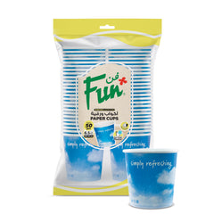 A pack of Fun brand blue paper cups with a cloud pattern, packaged in a clear plastic bag with a yellow and green label, indicating the product is 6.5oz capacity and contains 50 pieces.