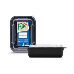 A black rectangular microwavable container with a clear lid, branded by Fun, packaged in a blue and white cardboard outer packaging.