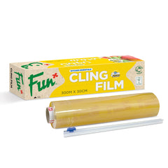 A roll of clear cling film next to its packaging box, which is predominantly yellow and green with the brand name 'Fun' prominently displayed.