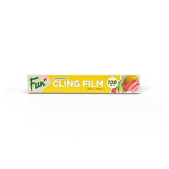 Packaging of Fun® Cling Film showing a roll of clear film with a yellow label, including product details.