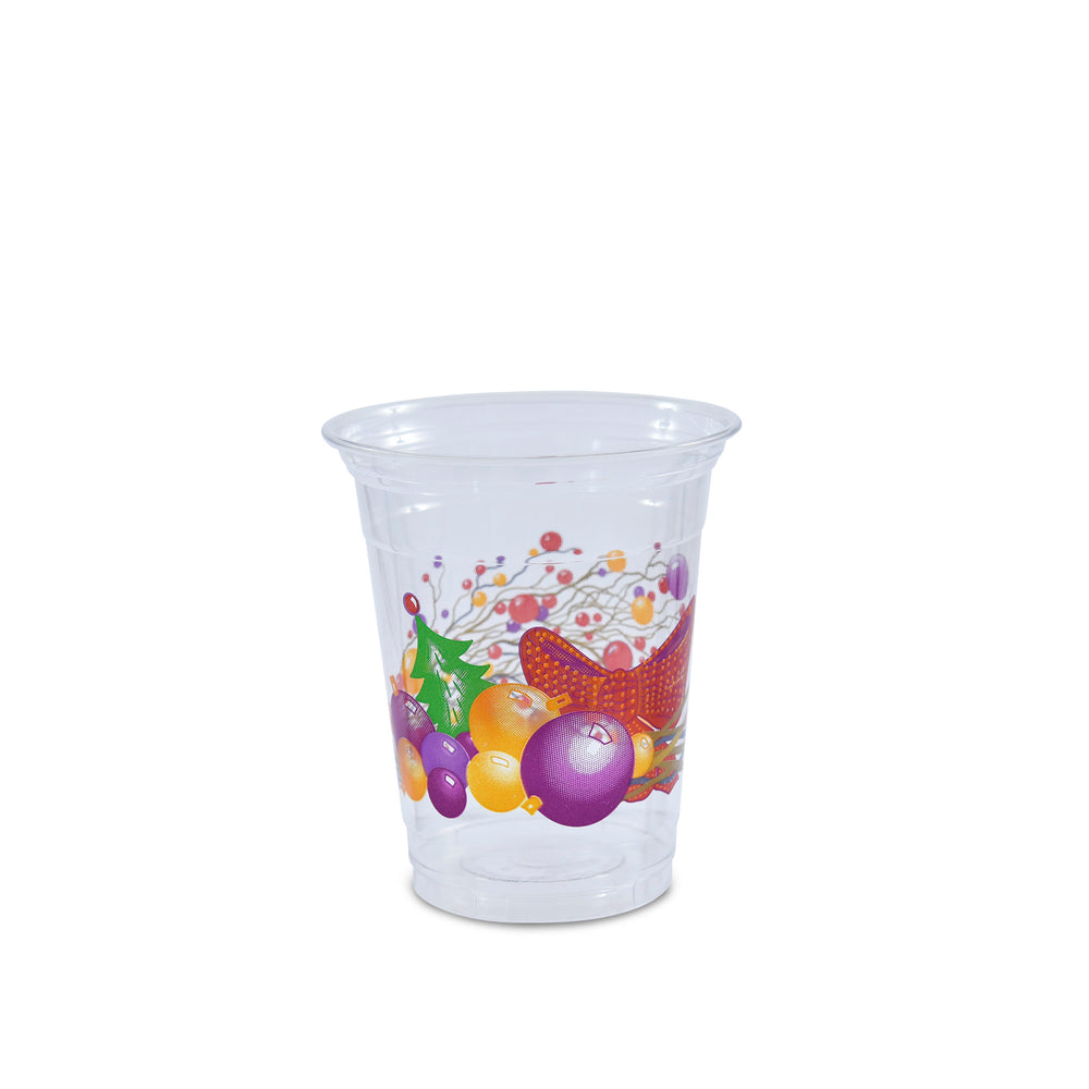 A clear plastic cup with Christmas themed decorations, such as candy canes and ornaments, printed on it.