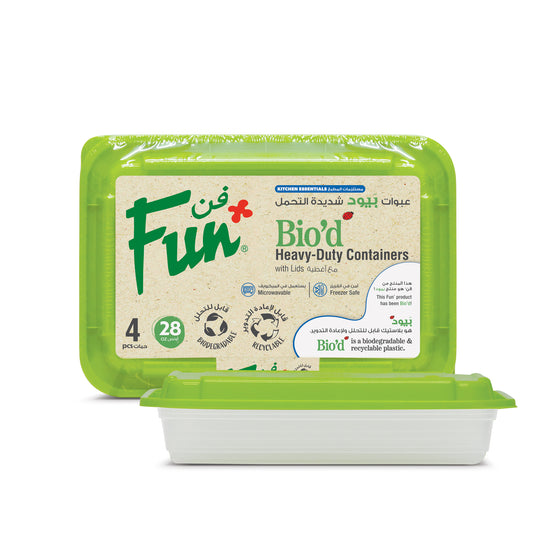 A clear rectangular biodegradable container with a green lid, labeled with the brand Fun and the product name Bio'd Heavy-Duty Containers.