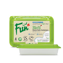 A clear rectangular biodegradable container with a green lid, labeled with the brand Fun and the product name Bio'd Heavy-Duty Containers.