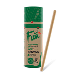 A pack of Fun Gaça biodegradable straws in natural brown color, displayed alongside the packaging which emphasizes the eco-friendly nature of the product.