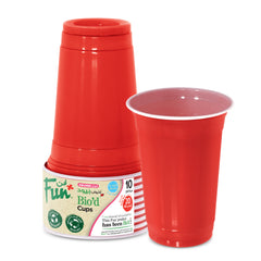 A stack of red plastic cups with the top cup lifted to show the brand and product information label which reads 'Fun Bio'd Cups 20oz'.
