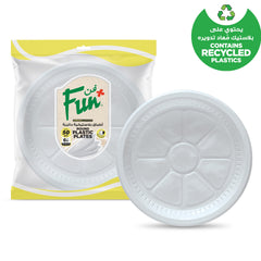 Plastic plates with Fun+ packaging and a recycling label on a white background