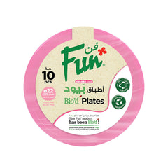 Packaging for Fun Bio'd Blush Pink Plates featuring a blush pink plate with a green and white design and exclamation points.
