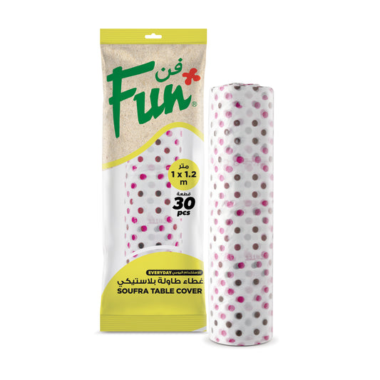 A packaged roll of biodegradable printed soufra table covers with multicolored dots, indicating 30 sheets per roll.