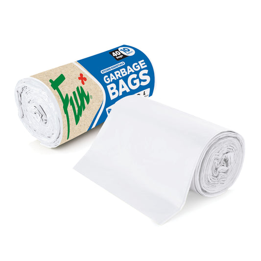 A roll of Fun biodegradable white garbage bags, with the bag itself being predominantly white and the roll packaging featuring a green and red design.