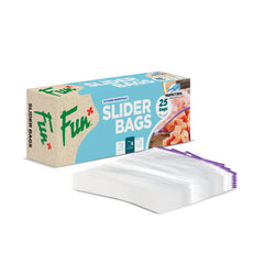 A pack of Fun® Clear Slider bags, measuring 20x25cm, comes with 25 pieces per pack. The packaging is predominantly white and blue with a transparent window showing the clear plastic bags inside.