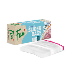 A pack of Fun® Clear Slider bags next to its packaging, with the bag partially opened to show the clear plastic with a pink slider.