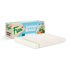 A pack of Fun brand clear zipper bags, with the product visible in a flat lay arrangement next to its packaging.