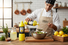 Yellow bottle of 'Beyond' lemon flavor seasoning on a white background