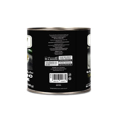 Back view of a black paint can with text and a barcode on a white background