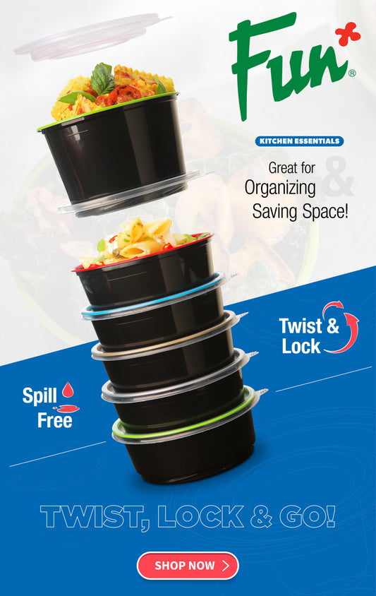 Stack of black and green round Fun Towerpac containers with a screw base, designed for organizing and saving space.