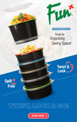 Stack of black and green round Fun Towerpac containers with a screw base, designed for organizing and saving space.
