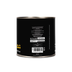 Black can with text and a barcode on a white background