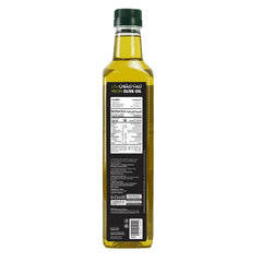 Bottle of olive oil with a black label on a white background