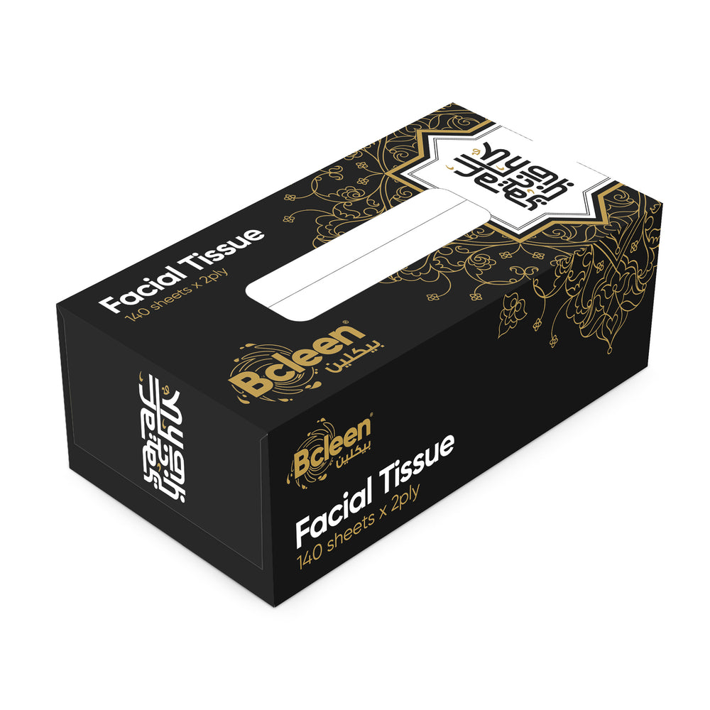 A pack of Bcleen 2-Ply White Facial Tissue with a black and gold design on the box, indicating a Eid Greeting. The box contains 140 sheets measuring 20x20cm.